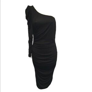 LIKE NEW BETSEY JOHNSON ONE SHOULDER RUCHED KNEE LENGTH BLACK PARTY DRESS S